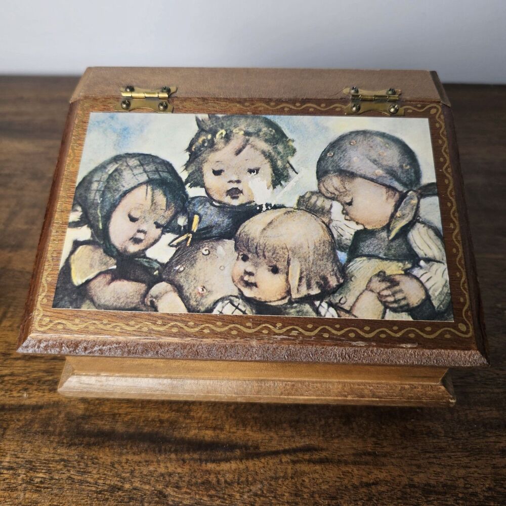 Vintage Wooden Musical Jewelry Box Hummel-Style Children Print Red Felt Interior